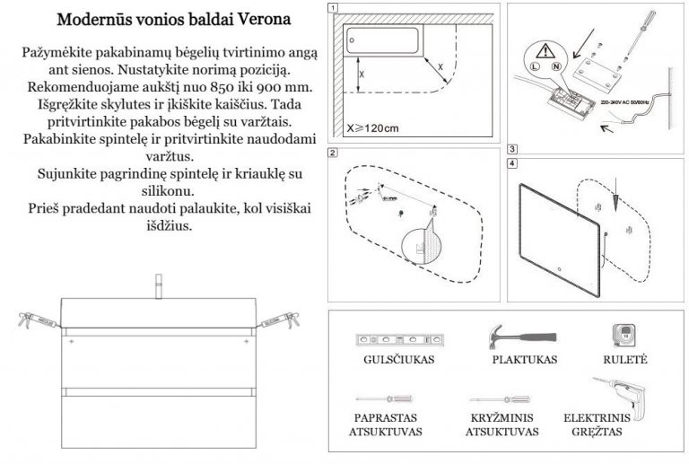 Vonios baldu komplekto matmenys